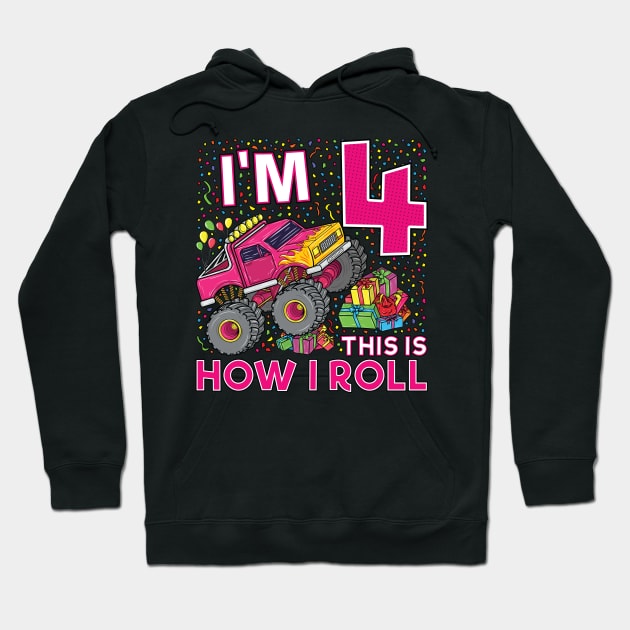 4th Birthday Monster Truck Party Gift 4 Year Old Girl Hoodie by silentsoularts